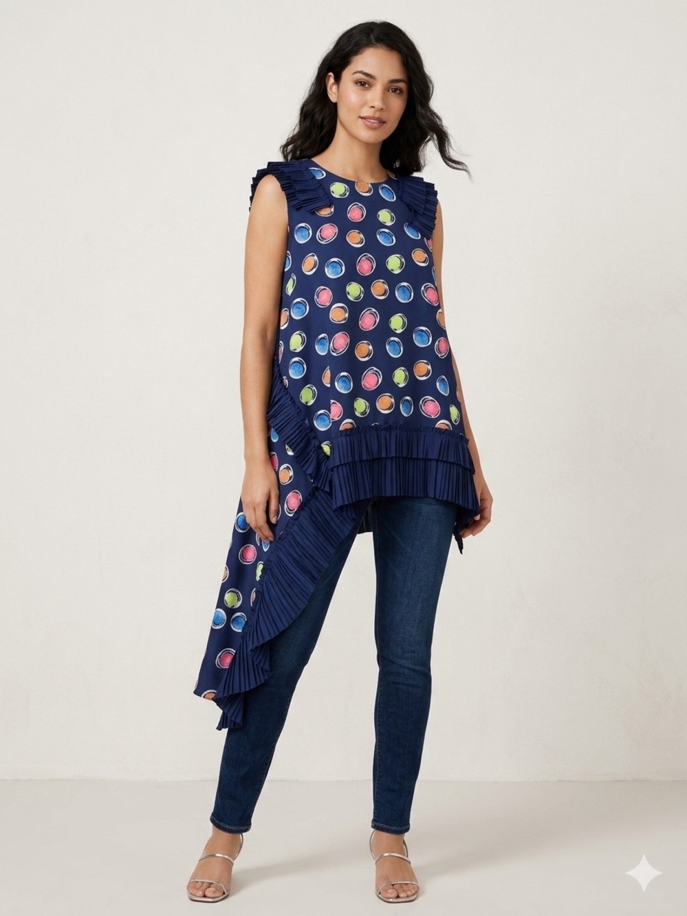 Wowo Asymmetric 3D Dot Mesh Tunic Pleated Ruffle Tank Navy Size XL